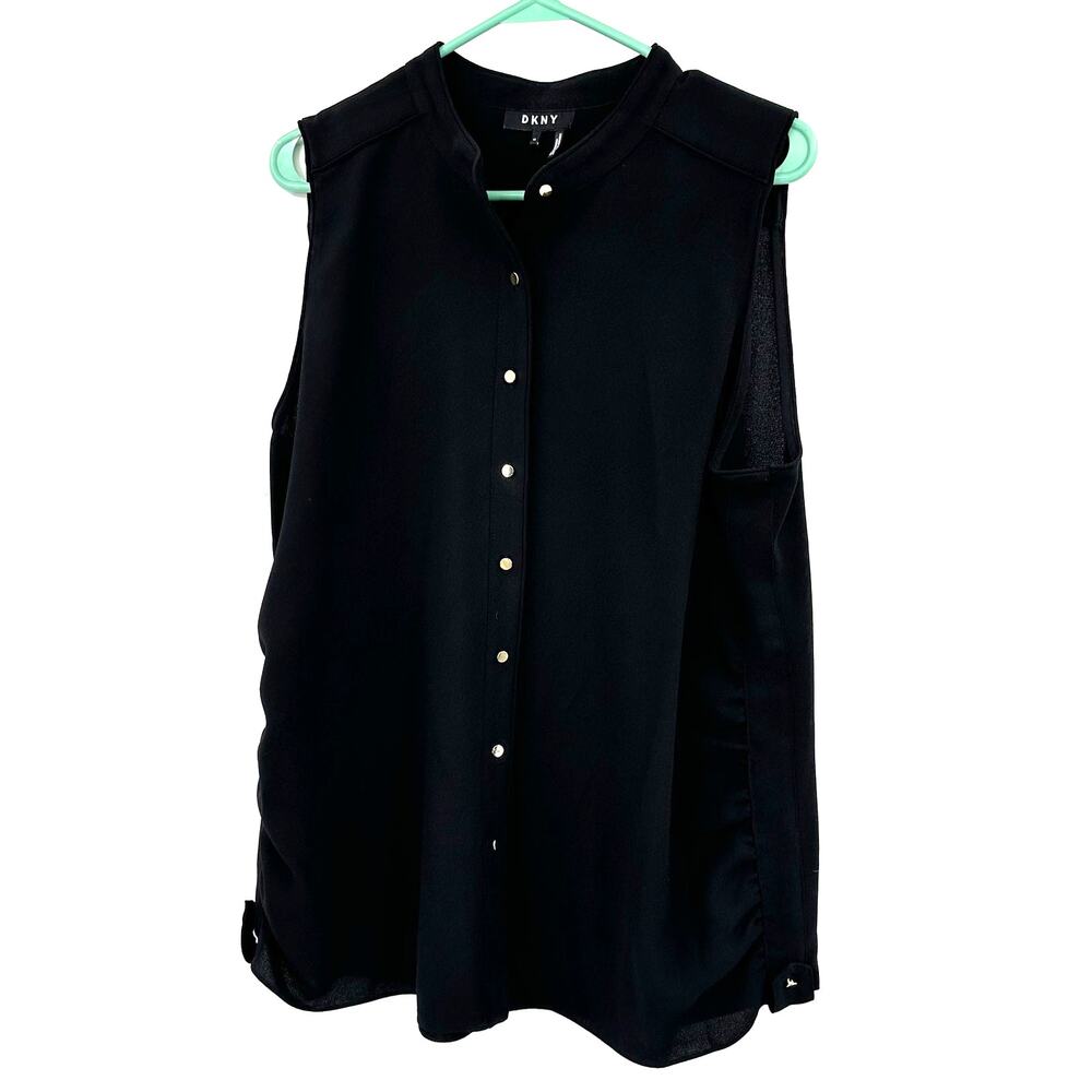 DKNY Size 14 Blouse Black Button Up Sleeveless Ruched Side Basic Workwear Casual
